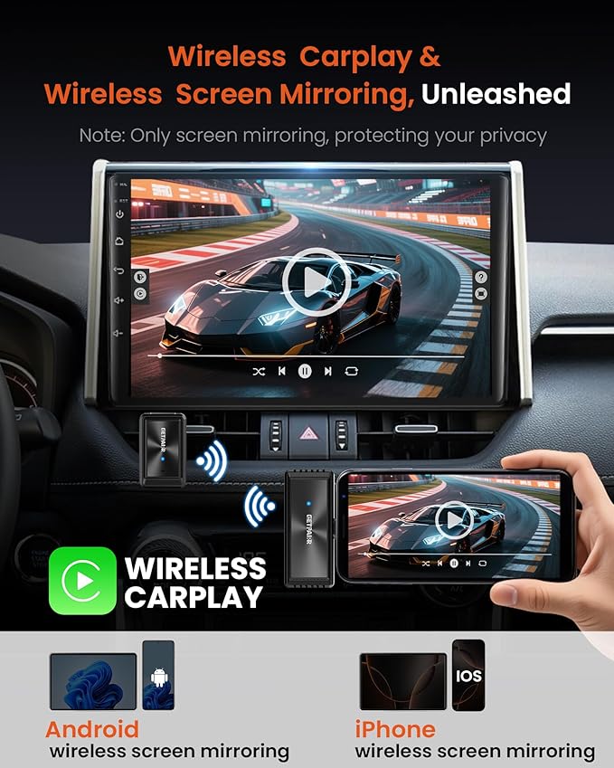 Wireless CarPlay Adapter & All-Platform Wireless Screen Mirroring GETPAIRR Cast- No Lag Streaming for iOS/Android, Dual Connection, WiFi 6/Bluetooth 5.4, Plug & Play, OTA Update (2025 Newupgrade)