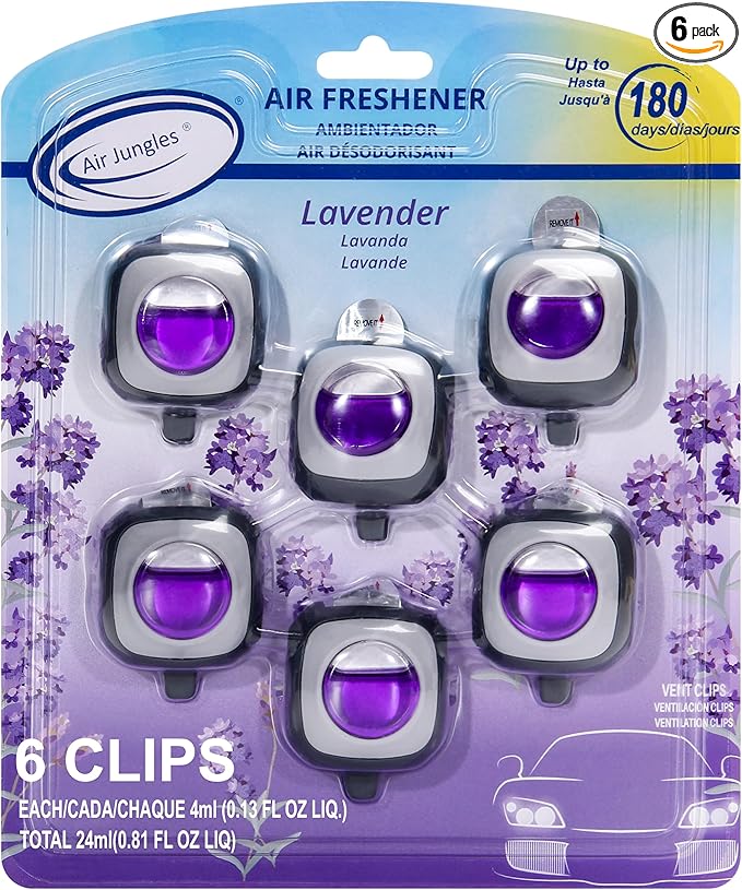 Air Jungles Lavender Scent Car Air Freshener Clip, 6 Vent Clips, 4ml Each, Long Lasting Air Freshener, Up to 180 Days Car Refresher Odor Eliminator
