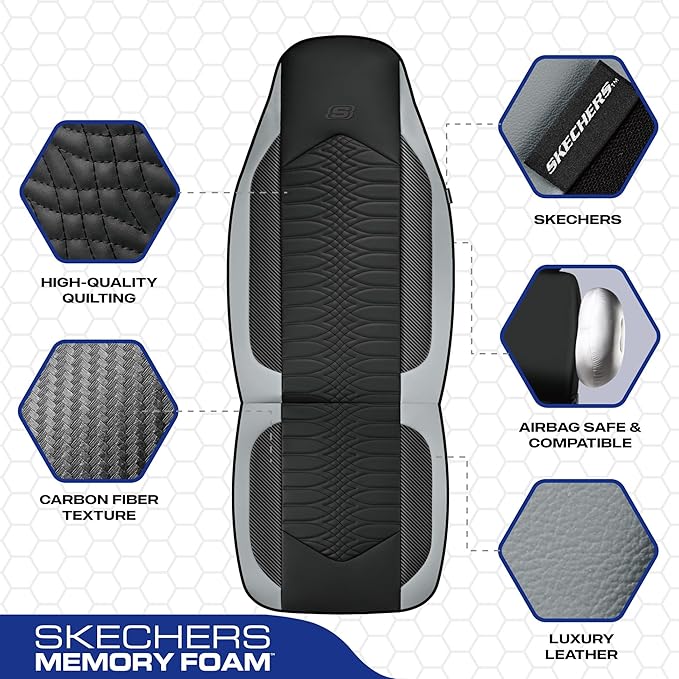 Skechers Memory Foam Car Seat Covers, Leather High Back Seat Covers Quilting Design,Waterproof Sports Car Seat Covers Full Sets,Airbag Compatible, Universal Fit for Most Cars, SUVs,Trucks,Gray
