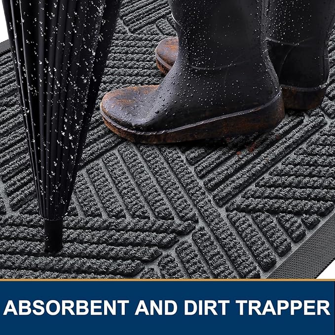 Smiry Front Door Mat Outside Entrance, Heavy Duty Sturdy Natural Rubber Doormat, Trap Dirt and Moisture, Easy Clean Low Profile Mats for Indoor Outdoor Entry, Irregular Triangle (47x24, Grey)