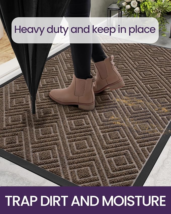 DEXI Front Door Mat Outside Entrance, Heavy Duty Rubber Backed Doormat, Stain and Fade Resistant, Low-Profile Easy Clean Entryway Floor Mats, 2x3, Checkered Brown