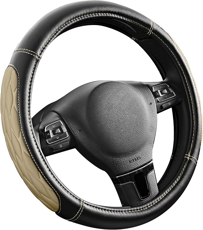 PIC AUTO Steering Wheel Cover, Beige Thick Rhombic Foam and Premium Leather, Universal 14.5-15.5 Inch Breathable Anti-Slip Steering Wheels Accessories for Men & Women