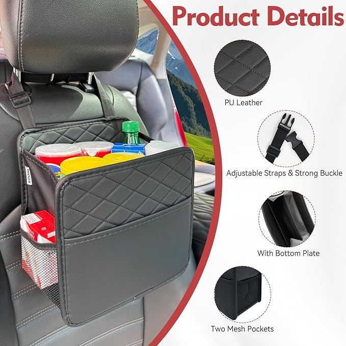 Upgrade Car Seat Organizer Backseat with Storage Pockets, Multipurpose Car Organizer Hanging, Car Trash Bag Can,Premium PU Leather Garbage Can 2.14 Gallon Large Capacity, Black.