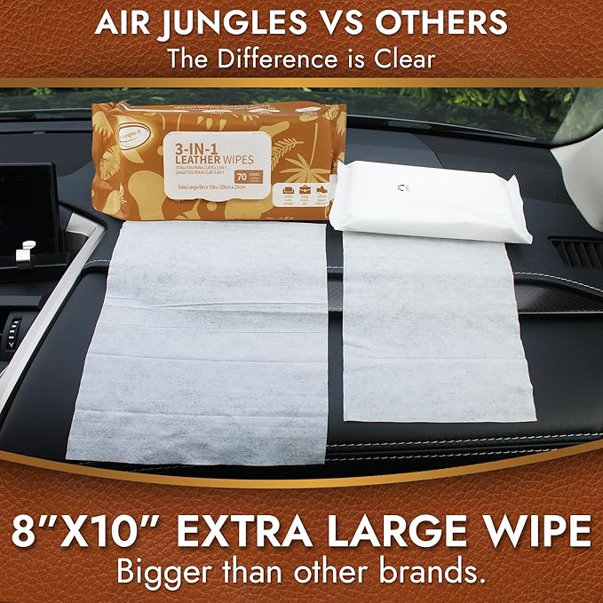 Air Jungles 3in1 Leather Cleaner Wipes 70 Count (Pack of 3), Extra Large 8" x 10" Size, Clean Condition Protect Wipes for Vinyl and Leather Apparel Furniture Auto Car Interior Shoes Boots Bags