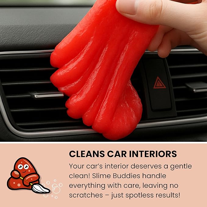 Slime Buddies Car Cleaning Gel Putty - 3 Pack Strawberry Scent Interior Detailing Tool for Cup Holder, Air Vent & Keyboard - Reusable Auto Detailing Accessory - Dust Remover Goop - Gift for Men Women