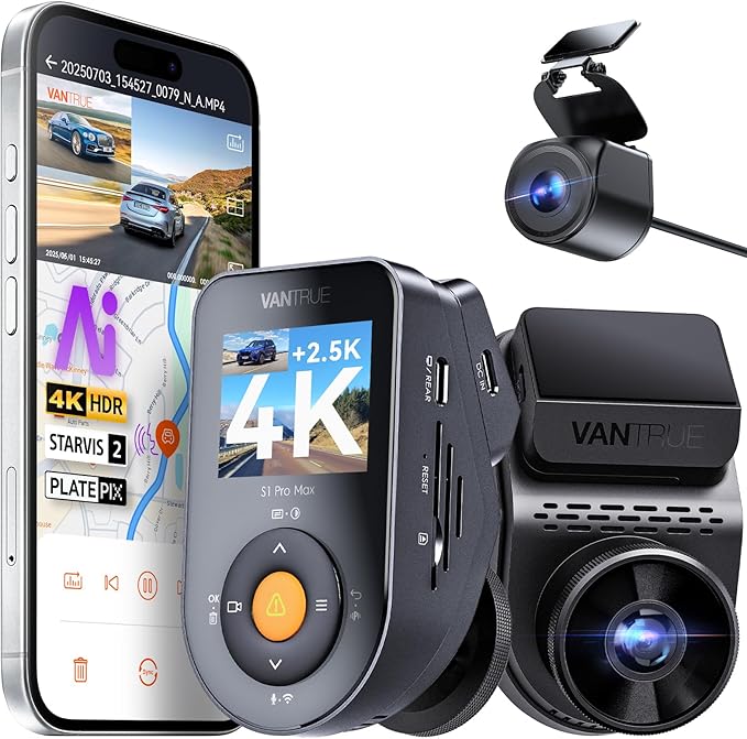 Vantrue S1 Pro Max AI Dash Cam 4K+2.5K w/ADAS & BSD, Dual STARVIS 2 Front and Rear, 2 Channel HDR Dashcam, PlatePix Night Vision, 5G WiFi, Voice Control, GPS, 24H Buffered Parking Mode, 1TB Max