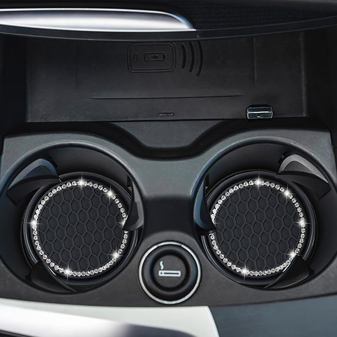 Amooca Car Cup Coaster 4 Pack Universal Non-Slip Cup Holders Insert Coasters Bling Crystal Rhinestone Car Interior Accessories Black Grid