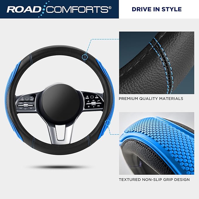 Road Comforts Car Steering Wheel Cover - Microfiber Leather Steering Wheel Wrap Sports 14.5-15 Inch Steering Wheel Cover Non-Slip for Men Women Blue Color