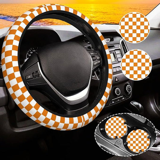 Yellow Checkered Steering Wheel Cover for Women,Universal Auto Steering Wheel 14-15 Inch Car Interior Accessories with 2PCS Car Coasters,Suitable for Men and Women