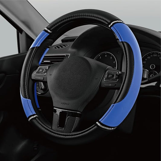 Road Comforts Leather Steering Wheel Cover - Made with PVC Leather - Anti-Slip, Universal Fit 14 1/2 inches to 15 inches - Blue
