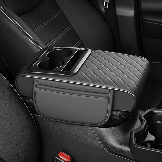 YORKNEIC Upgraded Car Center Console Cover with Cup Holder 2 Storage Bags - Faux Leather Arm Rest Cover Fit for Ford Bronco Sport,Middle Console Cover Multi-Functional Car armrest Cushion(Grey)