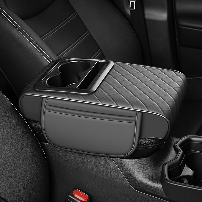 YORKNEIC Upgraded Car Center Console Cover with Cup Holder 2 Storage Bags - Faux Leather Arm Rest Cover Fit for Ford EcoSport,Middle Console Cover Multi-Functional Car armrest Cushion(Grey)