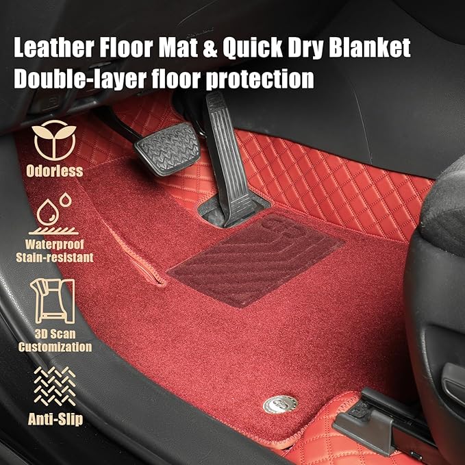 EKR Custom Floor Mats for Tesla Model 3 2017-2023, Front & 2nd Row Luxury Double Layer Car Floor Mat Liner Fit Model 3 2017 2018 2019 2020 2021 2022 2023 - Leatherette Plus Carpet (Burgundy)