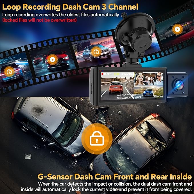 3 Channel 4K Dash Cam Front Rear and Inside with 5G WiFi & APP Control, 4K/2.5K+1080P+1080P Dashcam for Car, Dash Camera with 64GB Card, 24H Parking Monitor, Night Vision, Loop Recording, G-Sensor