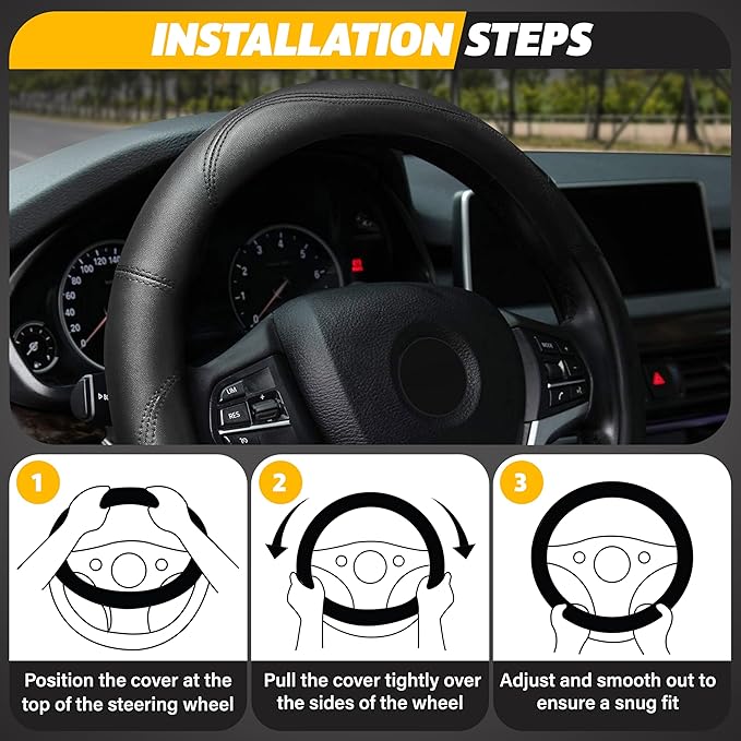 Econour Car Steering Wheel Cover | Premium & Durable PU with Anti-Slip Design | Universal Car Steering Wheel Cover Wheels - Fits 14.5"-15" | Truck Accessories - Black
