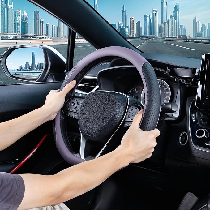 SEG Direct D Shaped Steering Wheel Cover for 14.5-15 inch Flat Bottom Wheels, Breathable Perforated Microfiber Leather, Anti-Slip Grip, Universal Fit for Cars & SUVs, Black and Light Purple