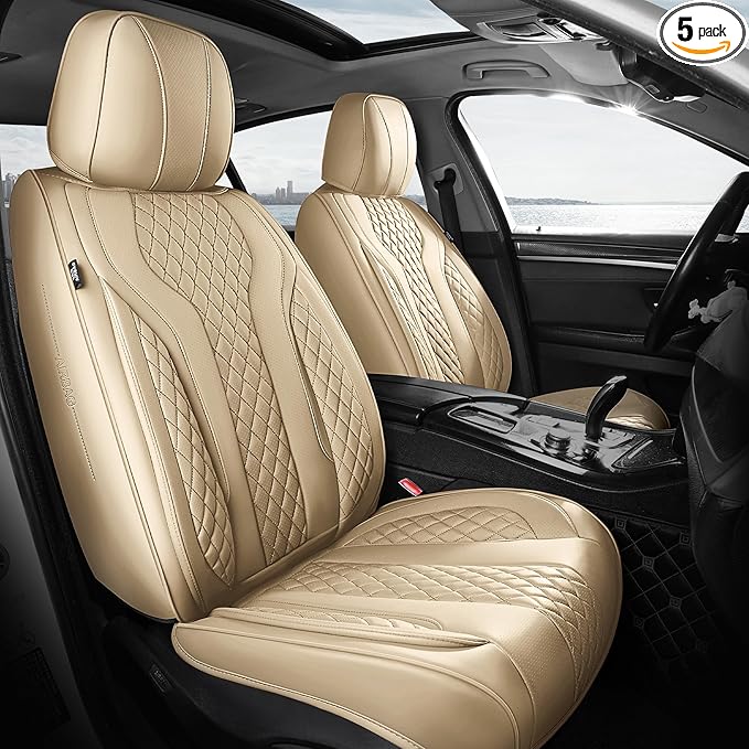 Leather Car Seat Covers - Breathable Faux Leather Seat Covers Full Set for Cars SUV Sedan - Waterproof - Beige