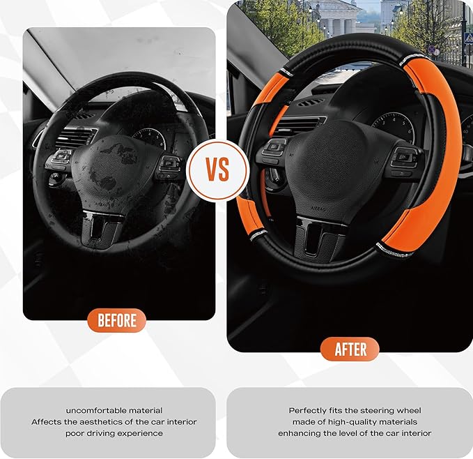 Road Comforts Leather Steering Wheel Cover - Made with PVC Leather - Anti-Slip, Universal Fit 14 1/2 inches to 15 inches - Orange