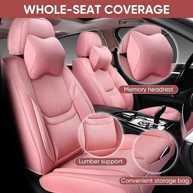Auto Car Seat Covers Accessories Full Set Leather Cushion Protector Universal Fit 7 Colors (Pink, Front Pair and Rear)