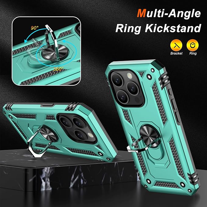 IKAZZ for iPhone 14 Pro Case 6.1 Inch with Screen Protector,Military Grade Shockproof Heavy Duty Protective Phone Cover Pass 16ft Drop Test with Magnetic Kickstand Car Mount Holder,Turquoise