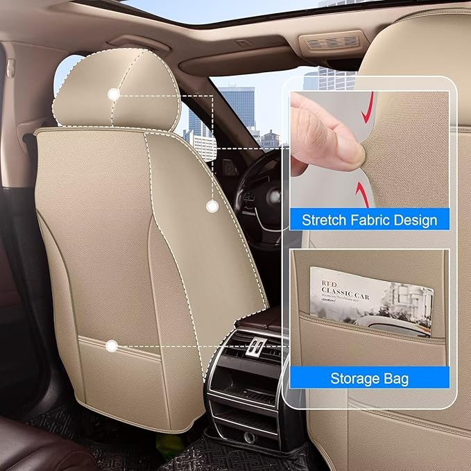 Seat Covers Fit for Chevrolet Chevy Traverse LS/LS Fleet/L 2018-2024 Full Set Car Seat Cover Faux Leather Seat Cushion Waterproof Auto Protectors(Beige)-2 Rows 5 Seats