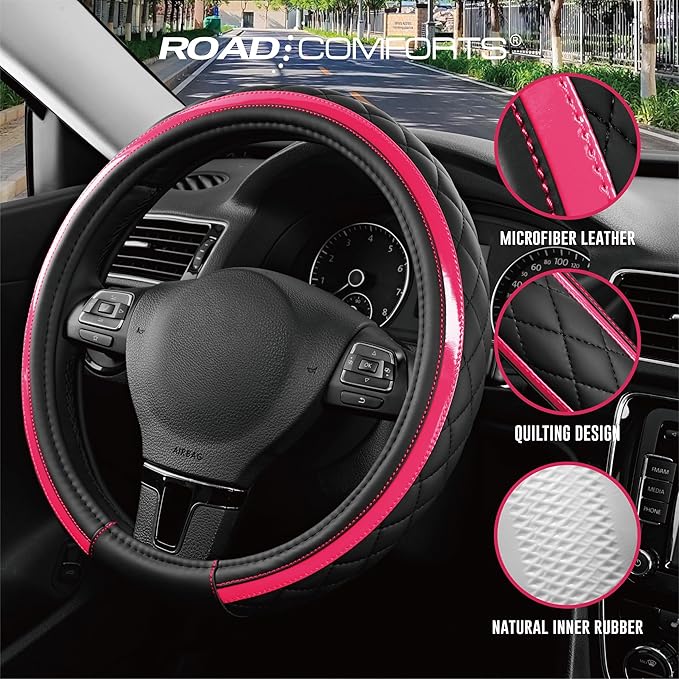 Road Comforts Leather Steering Wheel Cover – Black & Hot Pink, Universal Fit 14.5-15 Inch, Microfiber Leather, Anti-Slip & Breathable Design for Men and Women