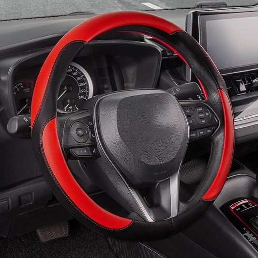 SEG Direct Car Steering Wheel Cover for Women Men, Standard Size 14.5-15 inch (37-39 cm), Auto Interior Accessories, Black and Red