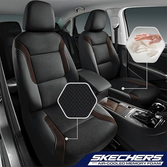 Skechers Memory Foam Car Seat Covers, Air Cool Mesh Thick Seat Covers,Car Seat Covers Front Seats Airbag Compatible, Automotive Comfort Protection for Most Cars,Van,Trucks, SUVs,Brown