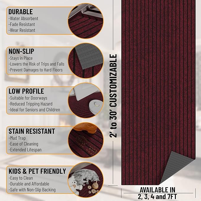 Ottomanson 2'7" x 5' Mud Mat Area Rug Scraper Carpet - Non-Slip, Dirt Trapping for Indoor & Outdoor Use - Ideal for Entryway, Garage, Kitchen, Patio & High-Traffic Areas, Red