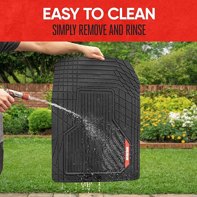 Motor Trend AdventureMax Car Floor Mats Full Set - Durable Rubber Floor Mats for Cars with Debris Capture Grooves, All Weather Interior Protection for Front and Rear with Non-Slip Backing, Black