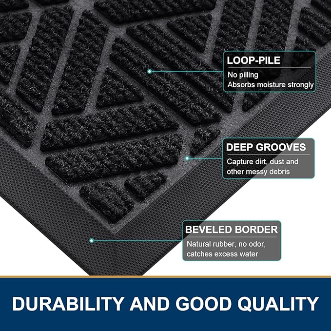Smiry Front Door Mat Outside Entrance, Heavy Duty Sturdy Natural Rubber Doormat, Trap Dirt and Moisture, Easy Clean Low Profile Mats for Indoor Outdoor Entry, Grid Geometric (47x24, Black)