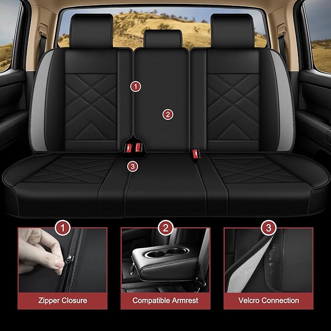 AOMSAZTO Seat Covers Custom Fit for 2022-2025 2026 Toyota Tundra Crewmax Double Cab Breathable Leather Truck Car Seat Covers Full Set (Black&Grey)