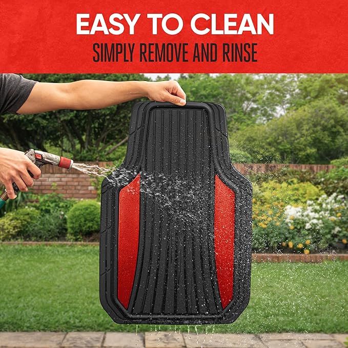Motor Trend ChromeTech Car Floor Mats Full Set - Durable Rubber Floor Mats for Cars with Two Tone Accent, All Weather Interior Protection for Front and Rear with Non-Slip Backing, Red Chrome