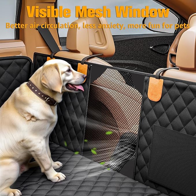 PETICON Back Seat Extender for Dogs, Hard Bottom Dog Car Seat Cover - Supports 400lbs, Rear Seat Pet Cover with Mesh Window, Waterproof Dog Hammock for Car SUV and Trucks