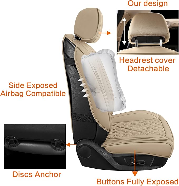 Pariitadin Leather Car Seat Covers Full Set, Waterproof Breathable Faux Leather Automotive Seat Covers for Cars, Non-Slip Car Interior Covers Universal Fit Most Cars Sedans Trucks SUVs, Beige