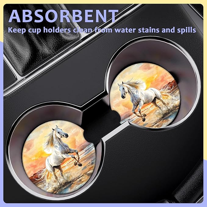 2 Pack Car Cup Holder Coaster-White Horse Running Absorbent Ceramic Coaster, Car Coasters for Cup Holders,Auto Accessories for Women & Men