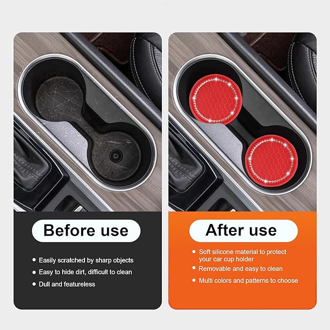 Amooca Car Cup Coaster 4 Pack Universal Non-Slip Cup Holders Insert Coasters Bling Crystal Rhinestone Car Interior Accessories Red Grid