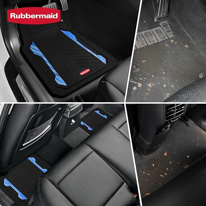 Rubbermaid Car Floor Mat, Heavy Duty All-Weather Car Mats Full Set with Dual-Tone Blue Aluminum Inserts – Universal Fit, Anti-Slip Backing, Trim-to-Fit for Most SUV, Sedan, Van