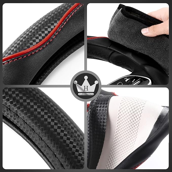 3D Car Steering Wheel Cover Comfort Grip Massage Sporty Anti-Slip Carbon Fiber Faux Leather for F150, Trucks, Jeep, Van, Car Handle Covers for All Seasons, 15.2-16in, Red