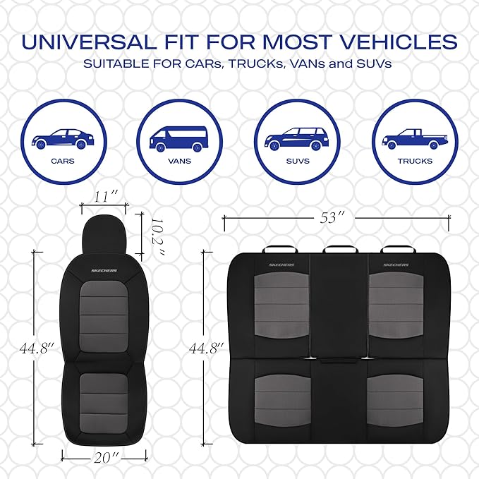 Skechers Memory Foam Car Seat Covers,Thick Cool Touch Fabric Seat Covers,Seat Cover Full Sets Airbag Compatible,Automotive Comfort Protection for Most Cars,Vans,Trucks,SUV,Grey