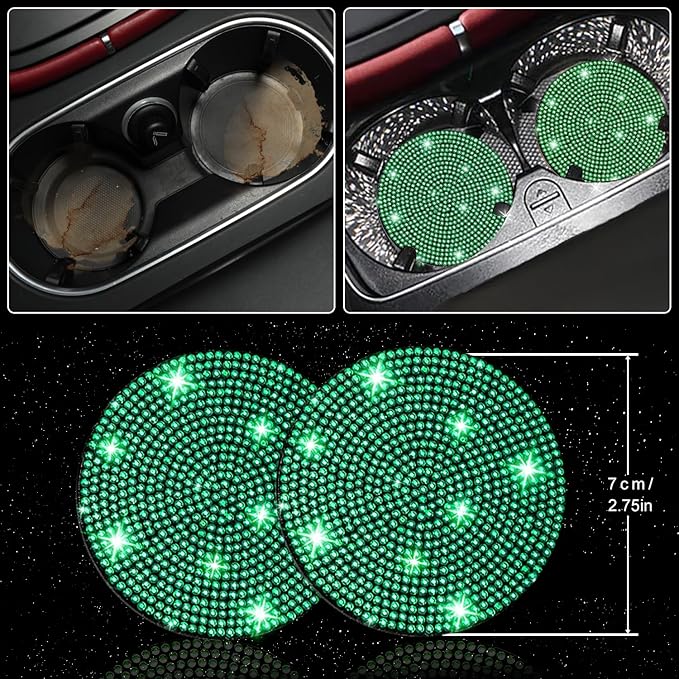 NBTEPEM 27 PCs Green Bling Car Accessories Set for Women, Steering Wheel Covers Universal Fit 15 Inch, Bling License Plate Frame, Bling Phone Holder, Bling Car Coasters (Green Diamond)