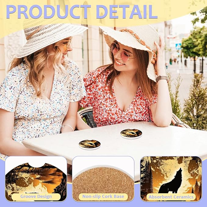 2 Pack Car Cup Holder Coaster-Wolf Full Moon Absorbent Ceramic Coaster,Forest Car Coasters for Cup Holders,Auto Accessories for Women & Men