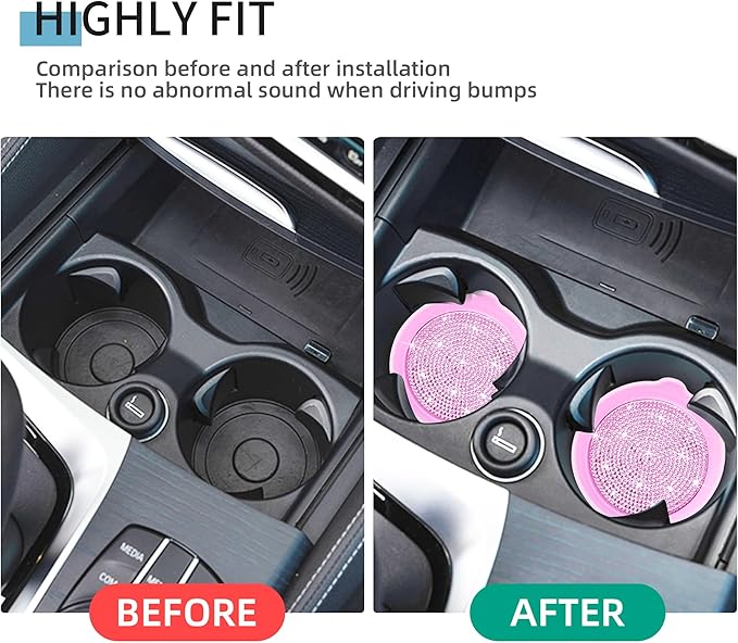 Amooca Car Cup Coaster Universal Non-Slip Cup Holders Bling Crystal Rhinestone Car Interior Accessories 2 Pack Pink Whole Rhinestone