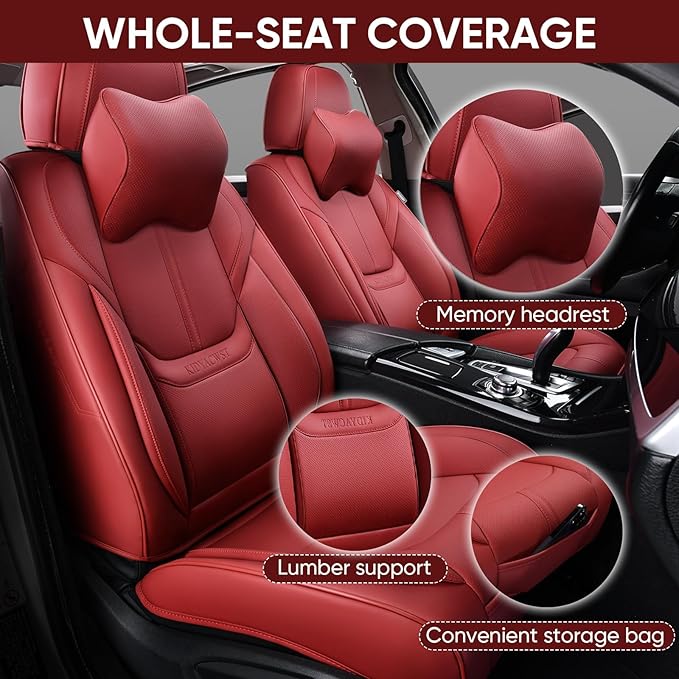 Auto Car Seat Covers Accessories Full Set Leather Cushion Protector Breathable Waterproof Seat Cover for Cars Universal Fit (Wine, Front Pair and Rear)