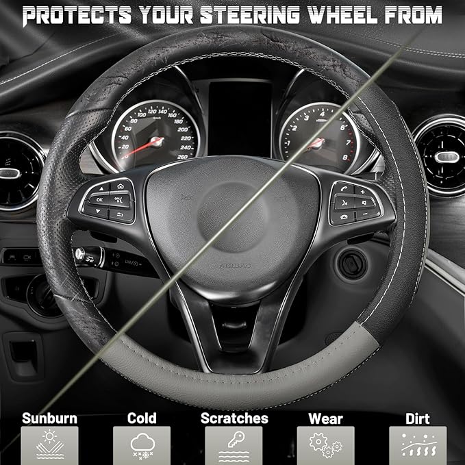 SEG Direct Black and Gray Microfiber Auto Car Steering Wheel Cover Universal 15 inch