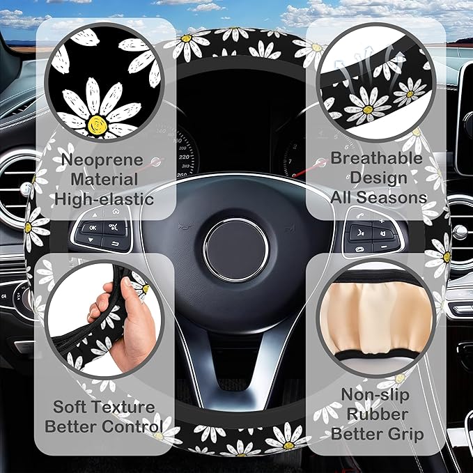 White Daisy Flowers Steering Wheel Cover with 2 Pcs Car Coasters Neoprene Steering Wheel Cover for Women Men Anti-Slip Breathable Car Accessories Universal 15 Inch Fit Auto Cars Trucks