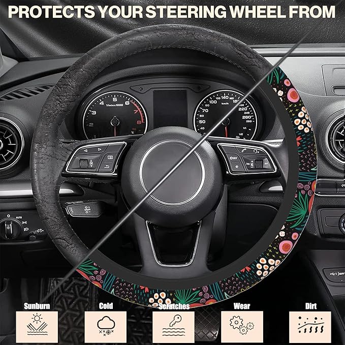 Summer Flower Meadow Steering Wheel Covers Universal 15 Inch Car Wheel Cover,Anti-Slip Breathable Car Accessories Protector Fit for Trucks,Sedans,SUVs,Vans