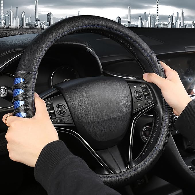 West Llama Microfiber Leather Car Steering Wheel Cover for Men Women,Universal Fit 15.5-16 inch(Leather Nails-Blue+Black-Large Size)