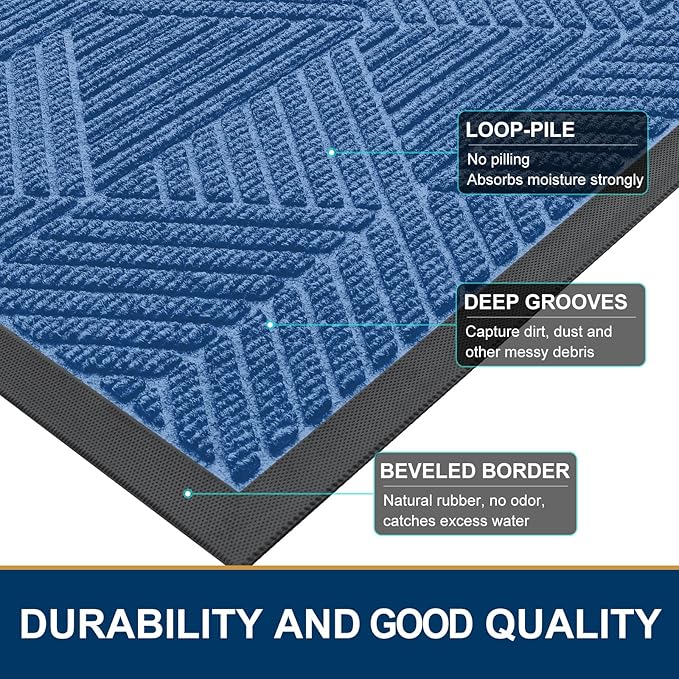 Smiry Front Door Mat Outside Entrance, Heavy Duty Sturdy Natural Rubber Doormat, Trap Dirt and Moisture, Easy Clean Low Profile Mats for Indoor Outdoor Entry, Irregular Triangle (47x32, Blue)