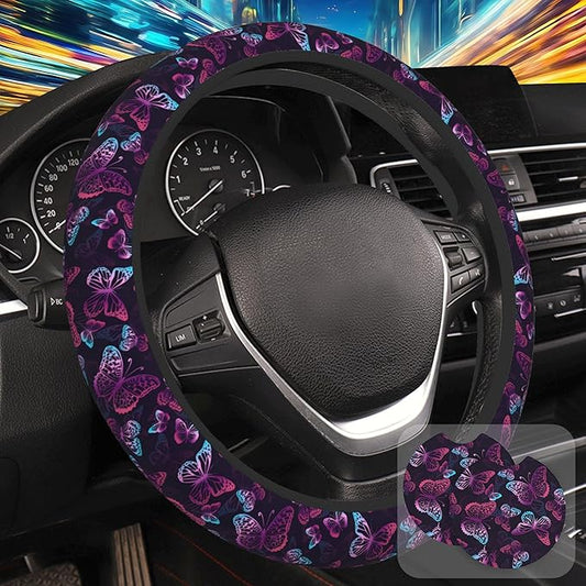Purple Butterflies Steering Wheel Cover for Women, Anti-Slip Car Steering Wheel Cover with 2 Pcs Cup Holders Neoprene Breathable Car Accessories Universal 15 Inch Auto Interior Decor
